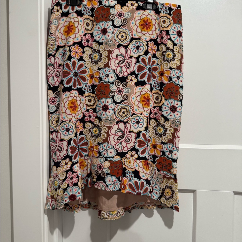 Nanette Lepore Orange Brown Ruffled Pencil Skirt Midi sequins and embroidery.